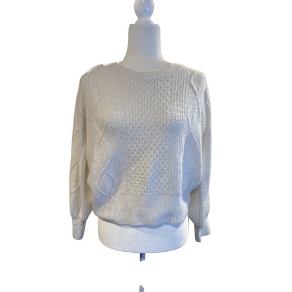 1.State Sweaters - 1 STATE White Crew Neck Cable Knit Sweater in Sz L with Puff Sleaves